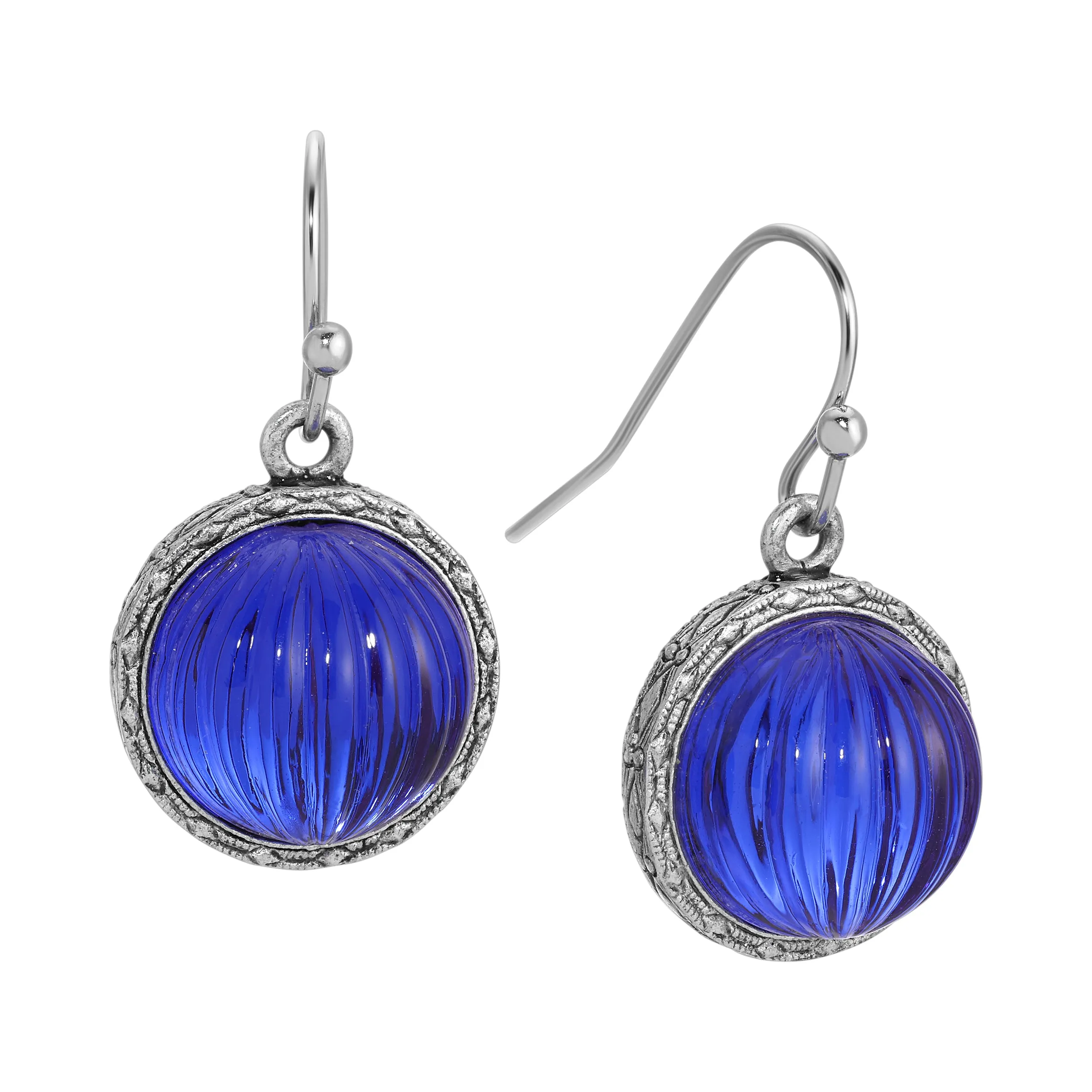 1928 Jewelry Oceanic Sapphire Blue Fluted Stone Stop Earrings