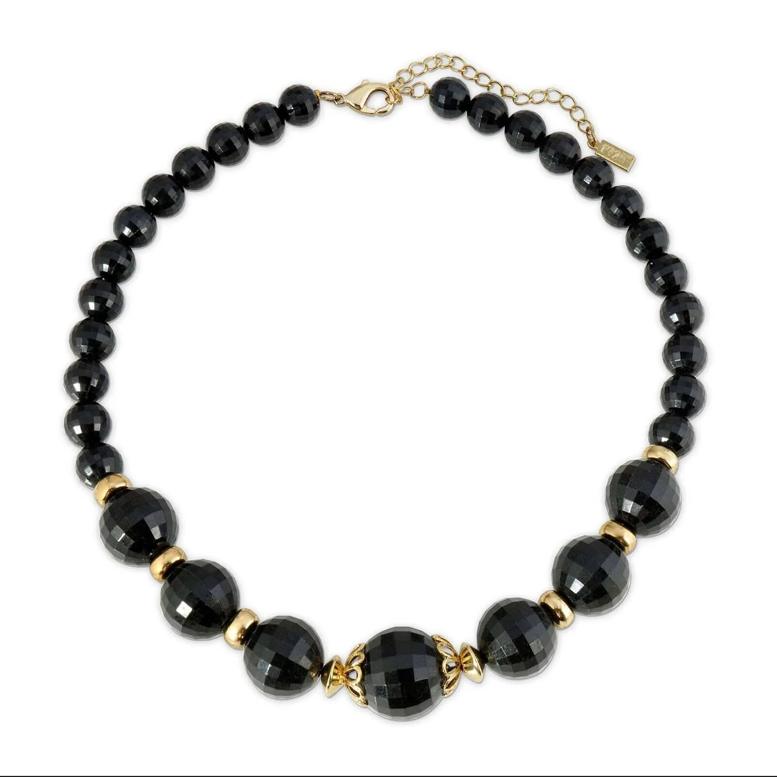 1928 Jewelry Round Black Faceted Beaded Stranded Necklace 16"   3" Extender