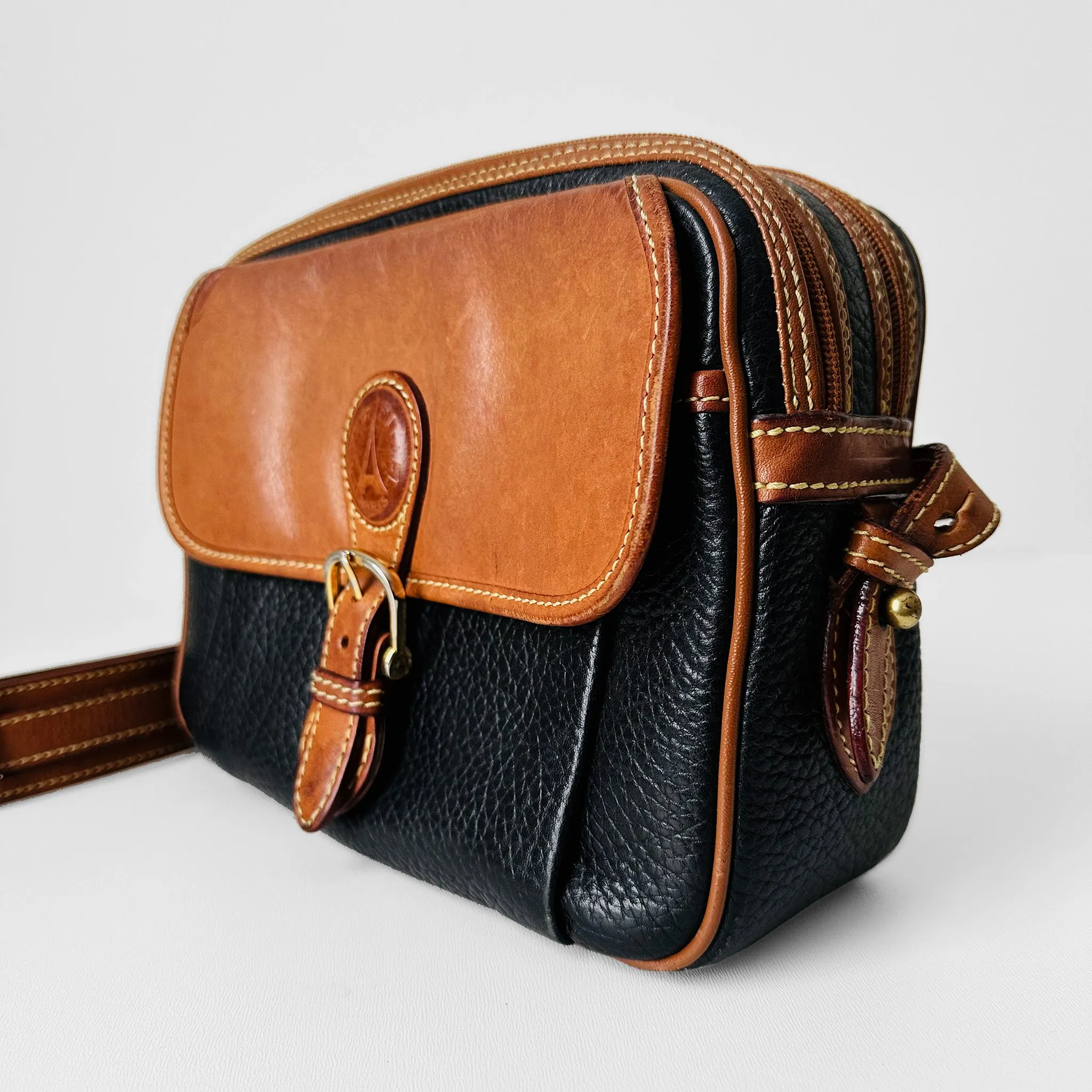 1990s Black and Brown Structured Double Zip Crossbody Leather Bag