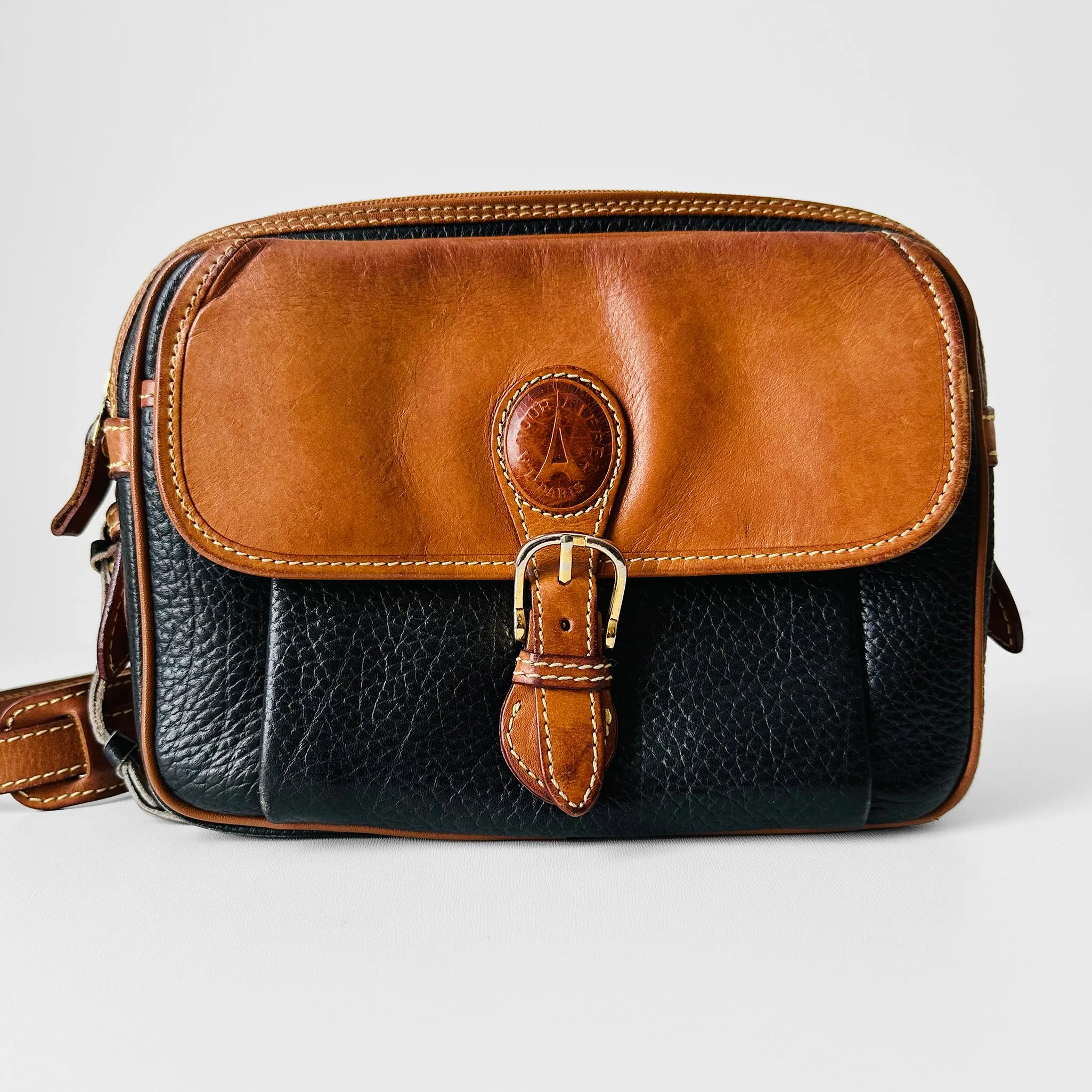 1990s Black and Brown Structured Double Zip Crossbody Leather Bag