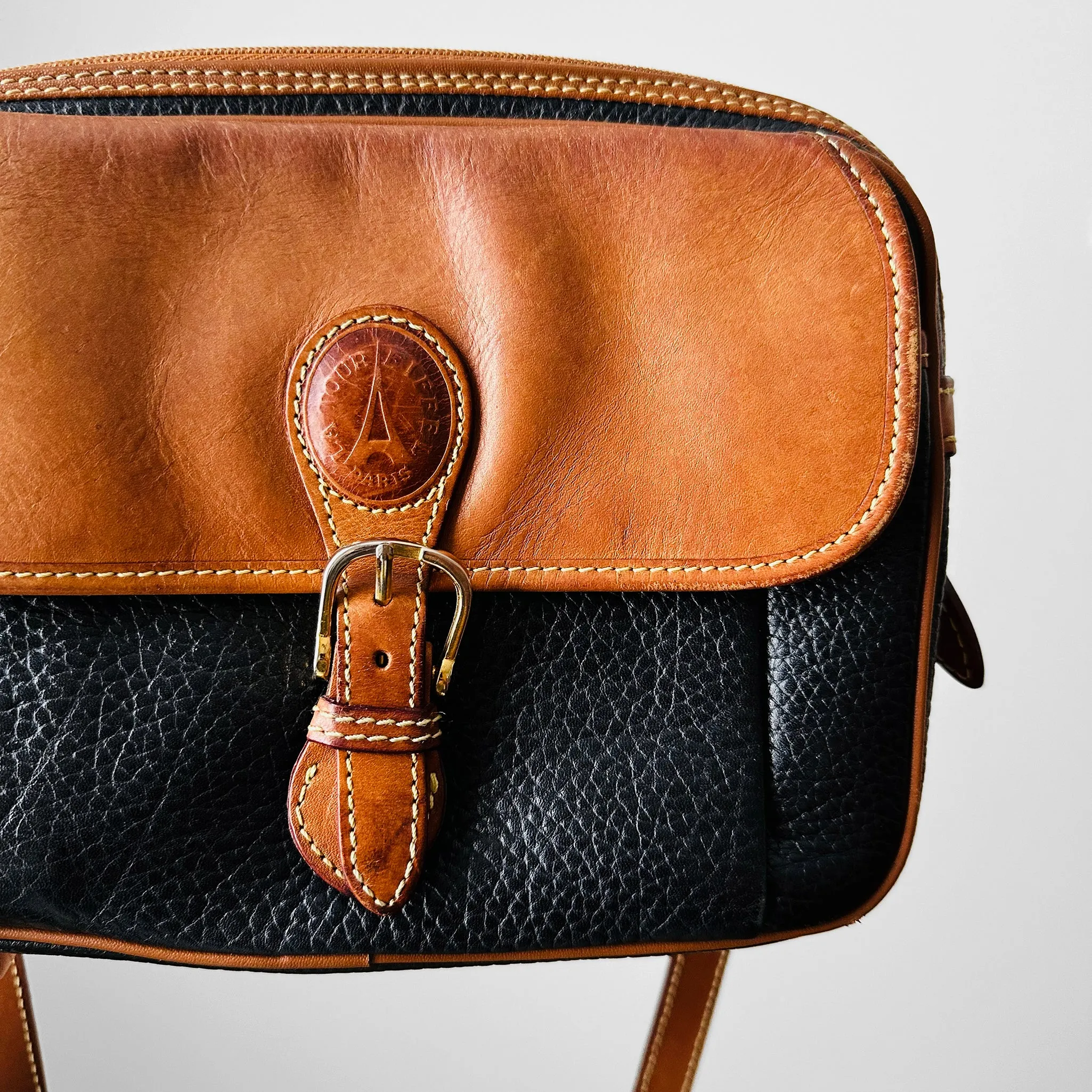 1990s Black and Brown Structured Double Zip Crossbody Leather Bag
