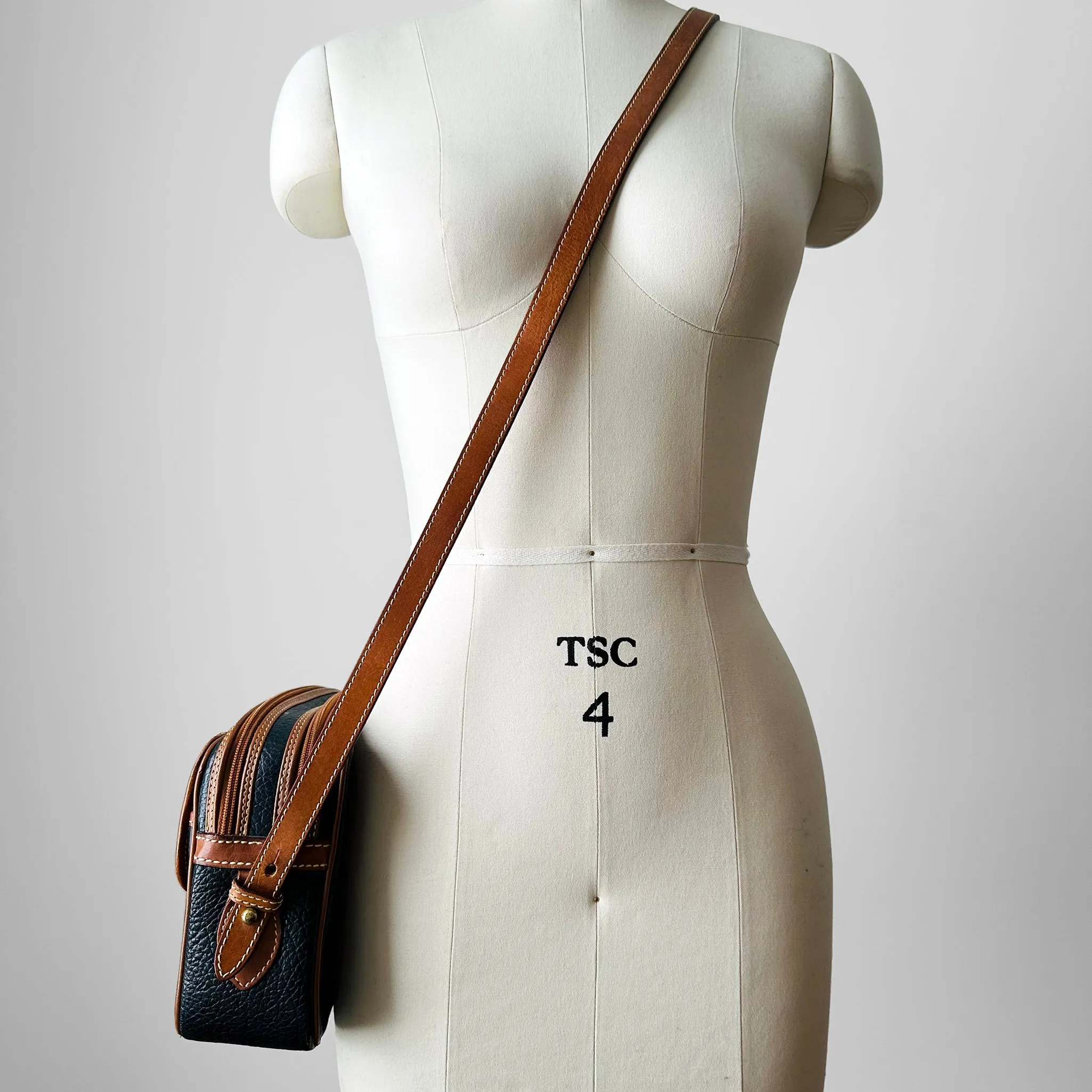 1990s Black and Brown Structured Double Zip Crossbody Leather Bag