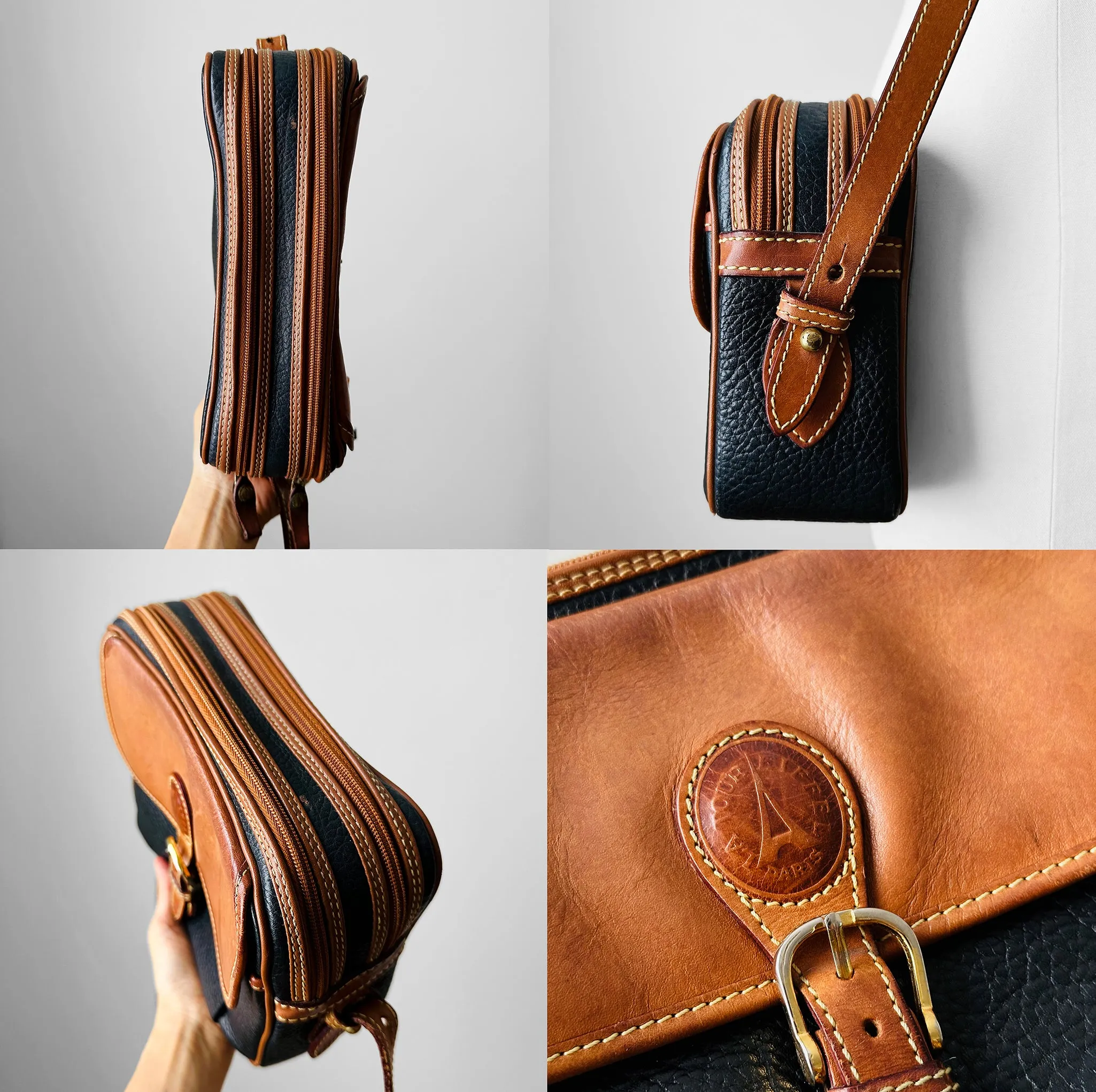 1990s Black and Brown Structured Double Zip Crossbody Leather Bag