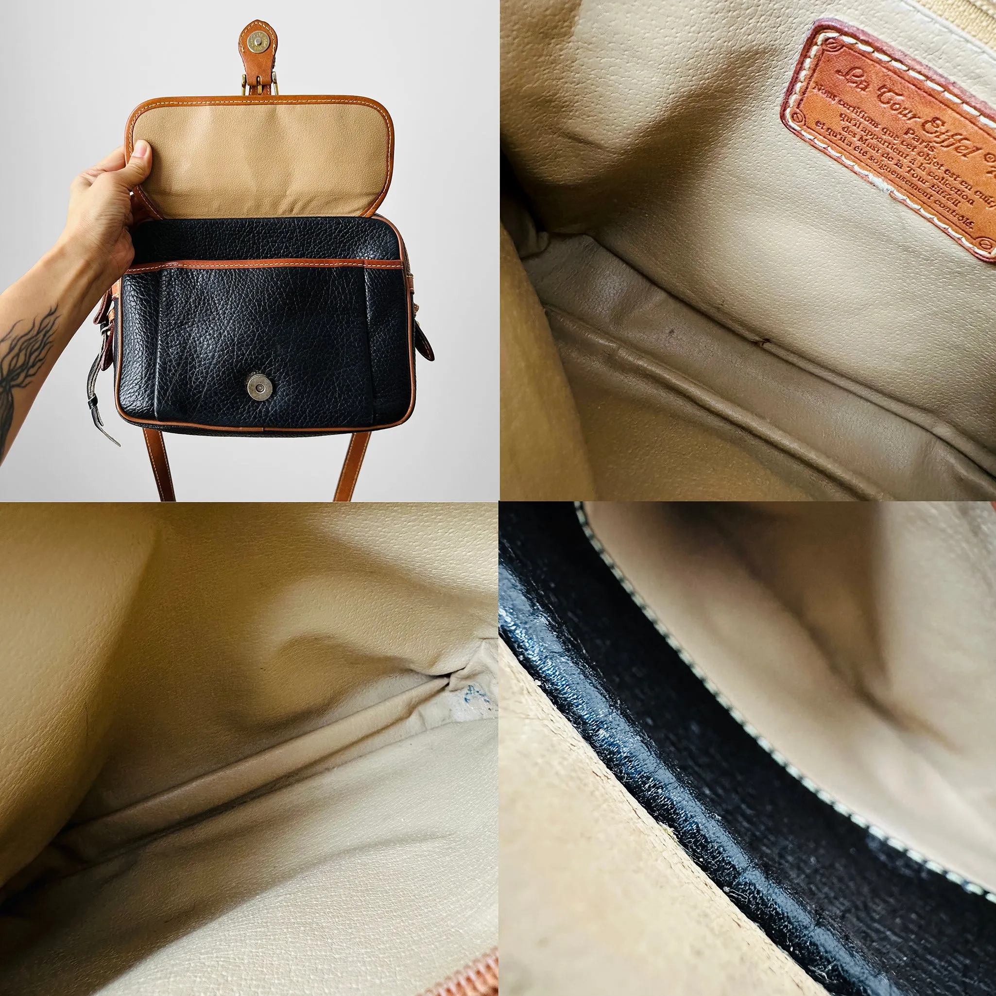 1990s Black and Brown Structured Double Zip Crossbody Leather Bag