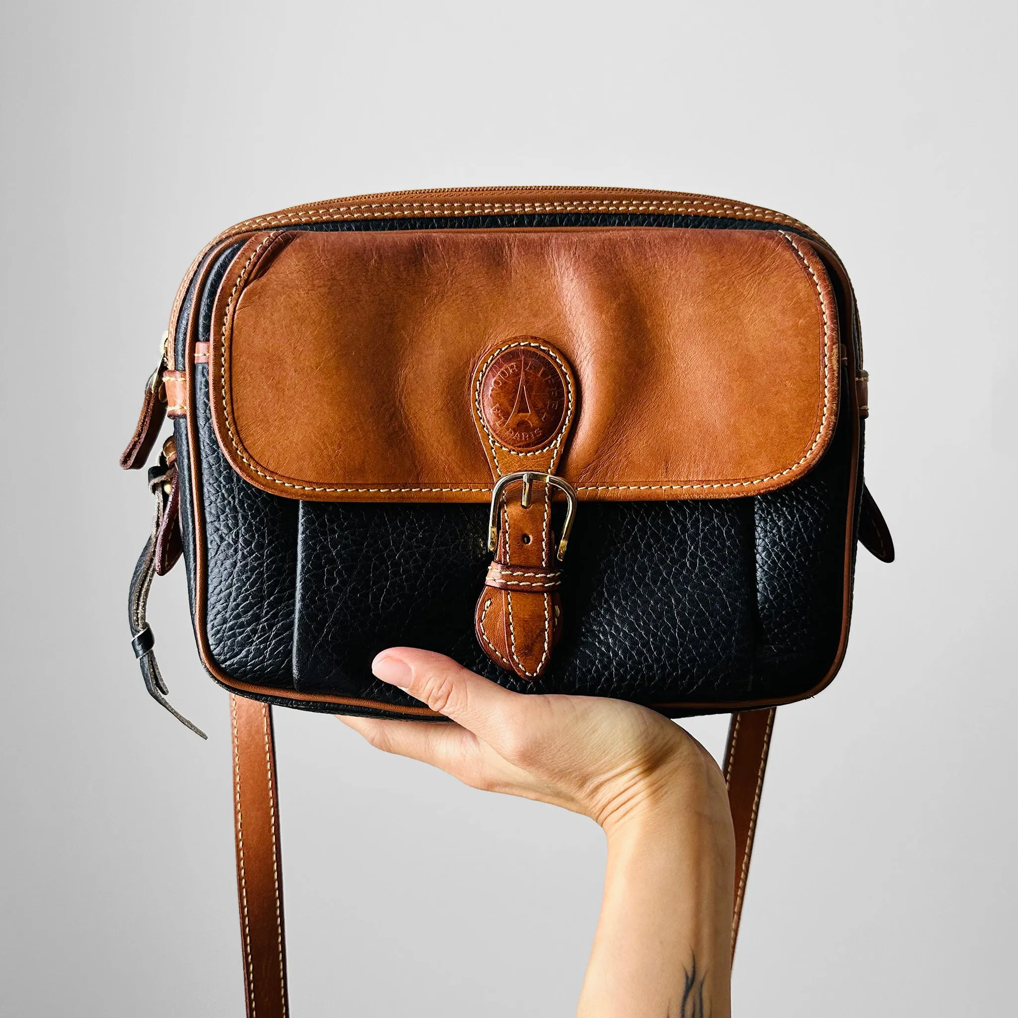 1990s Black and Brown Structured Double Zip Crossbody Leather Bag