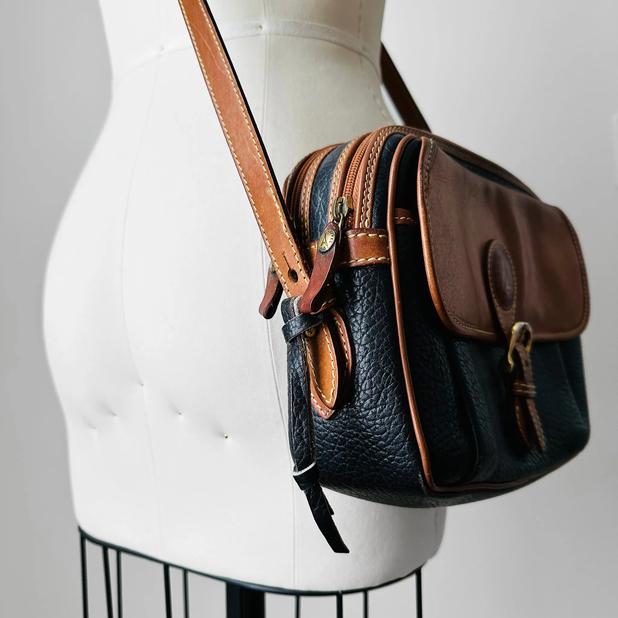 1990s Black and Brown Structured Double Zip Crossbody Leather Bag