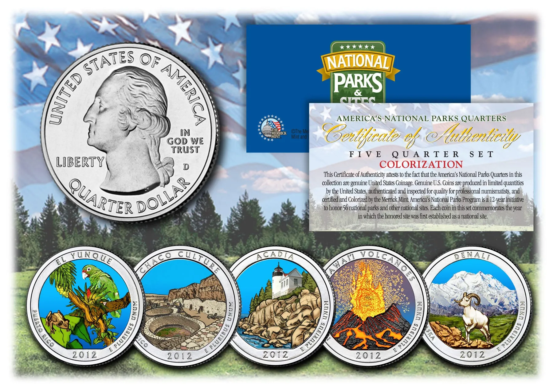 2012 America The Beautiful COLORIZED Quarters U.S. Parks 5-Coin Set with Capsules