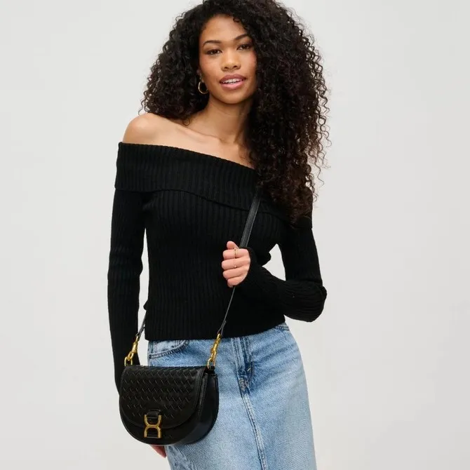 Alise Woven Vegan Leather Saddle Crossbody Black