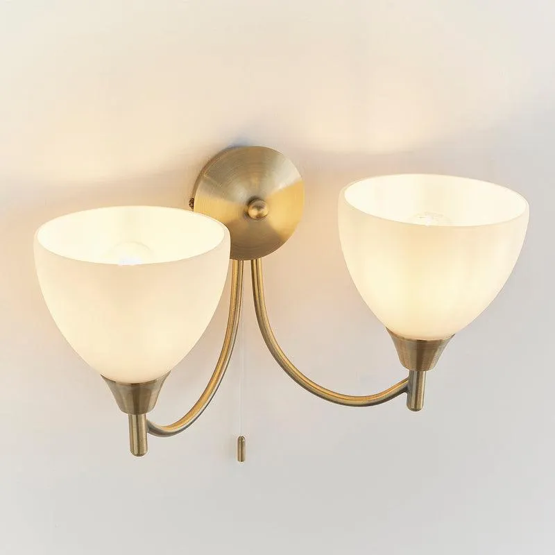Alton Twin Arm Antique Brass Wall Light - Pull Cord