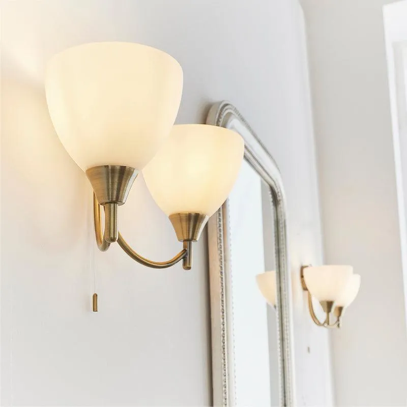 Alton Twin Arm Antique Brass Wall Light - Pull Cord