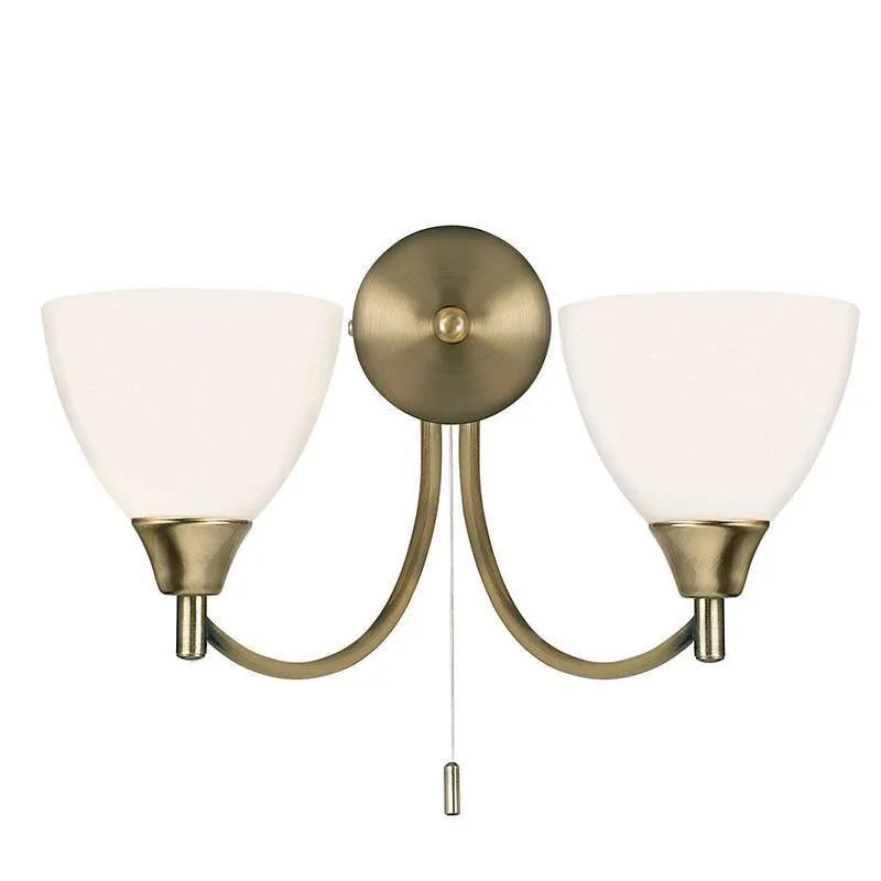 Alton Twin Arm Antique Brass Wall Light - Pull Cord