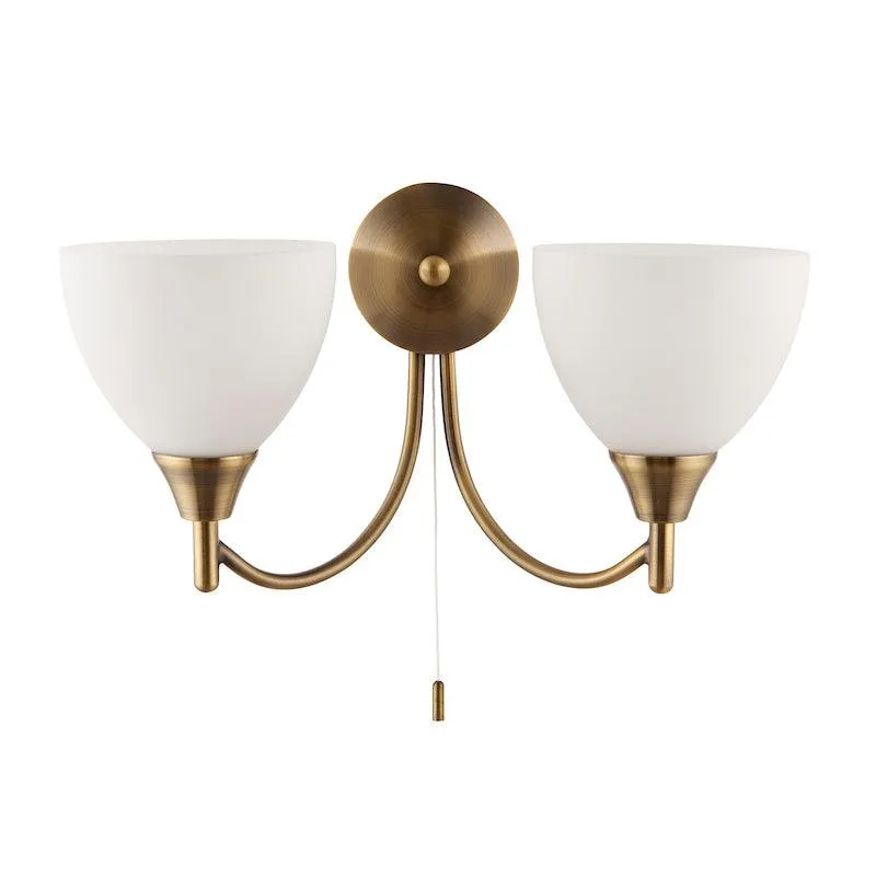 Alton Twin Arm Antique Brass Wall Light - Pull Cord