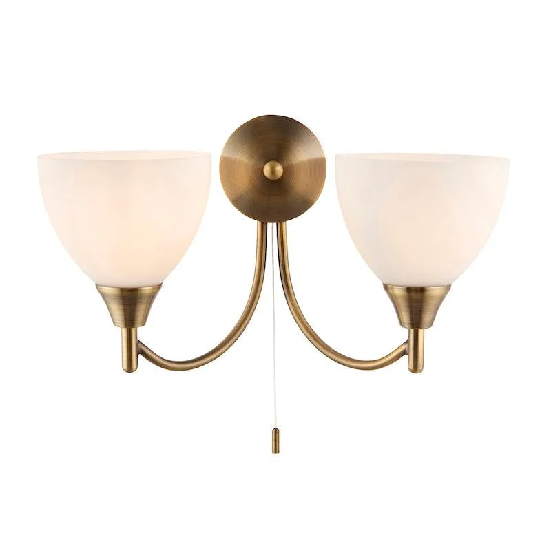 Alton Twin Arm Antique Brass Wall Light - Pull Cord