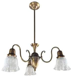 Antique Circa 1910 Early Electric Edwardian Three Light with Scroll Arms and Antique Stencil Etched Ruffle Shades