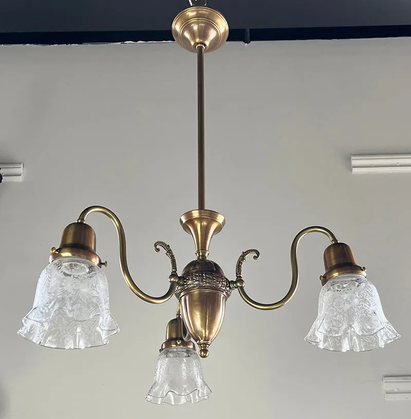 Antique Circa 1910 Early Electric Edwardian Three Light with Scroll Arms and Antique Stencil Etched Ruffle Shades