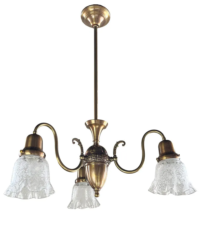 Antique Circa 1910 Early Electric Edwardian Three Light with Scroll Arms and Antique Stencil Etched Ruffle Shades