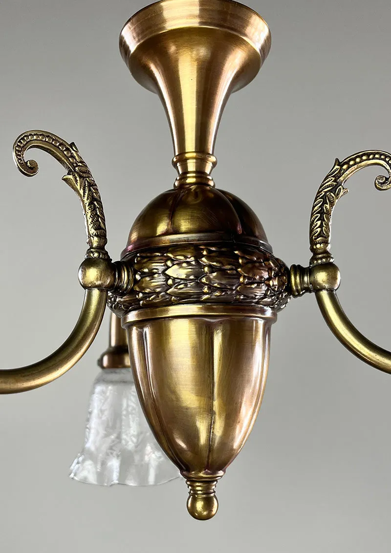 Antique Circa 1910 Early Electric Edwardian Three Light with Scroll Arms and Antique Stencil Etched Ruffle Shades