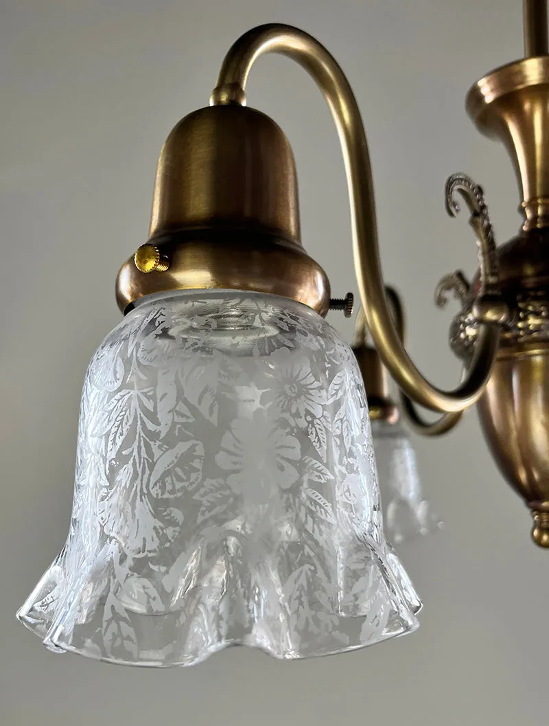Antique Circa 1910 Early Electric Edwardian Three Light with Scroll Arms and Antique Stencil Etched Ruffle Shades