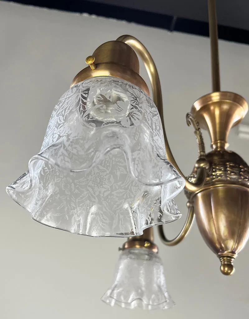 Antique Circa 1910 Early Electric Edwardian Three Light with Scroll Arms and Antique Stencil Etched Ruffle Shades