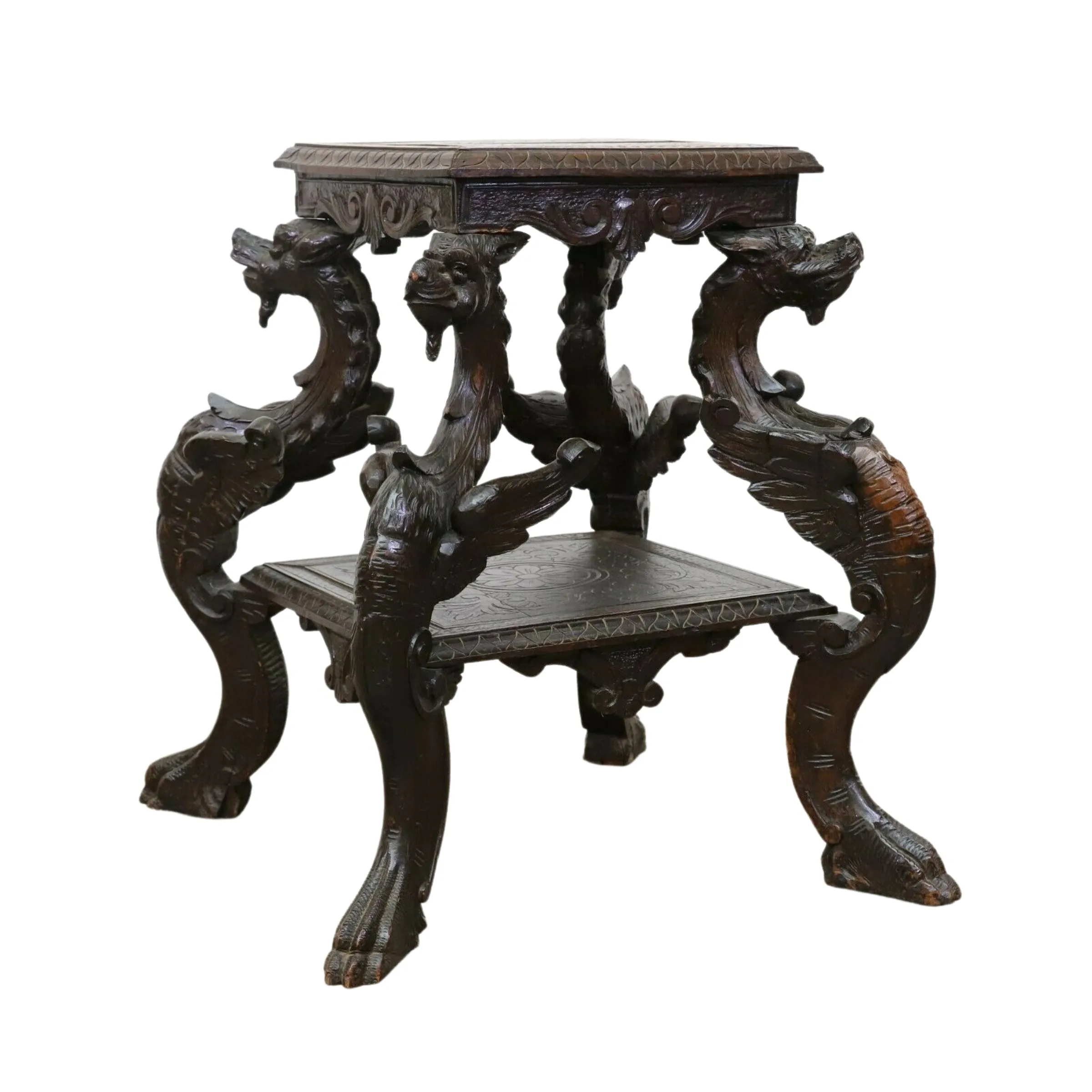 Antique Table, Occasional, Side, Renaissance Revival Griffin Carved Oak, Beauty!!