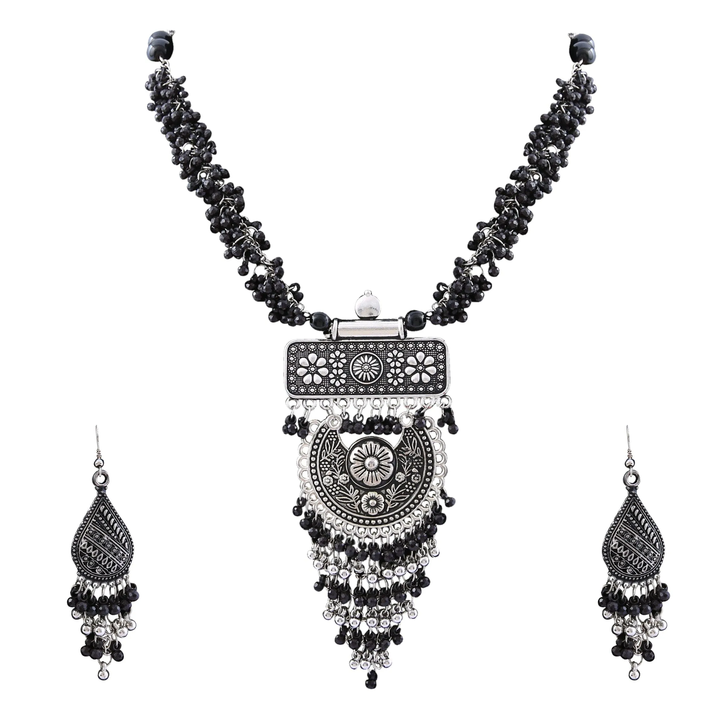 ARADHYA  Silver Antique German Oxidized Silver Plated Tribal Afghani Necklace Set with Earrings for Women