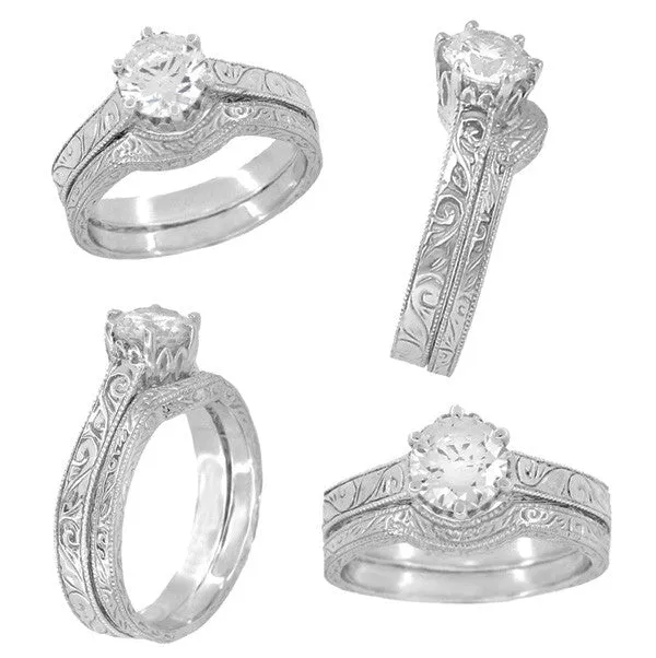 Art Deco Crown Filigree Scrolls Cubic Zirconia Solitaire Ring in Sterling Silver