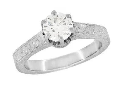 Art Deco Crown Filigree Scrolls Cubic Zirconia Solitaire Ring in Sterling Silver
