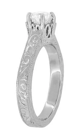 Art Deco Crown Filigree Scrolls Cubic Zirconia Solitaire Ring in Sterling Silver