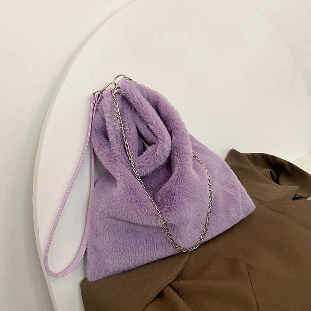 Back to College Fashion Women Solid Color Shoulder Bag 2021 Winter Soft Plush Bucket Bag Faux Fur Shopping Bag Large Capacity Fluffy Chain Bags