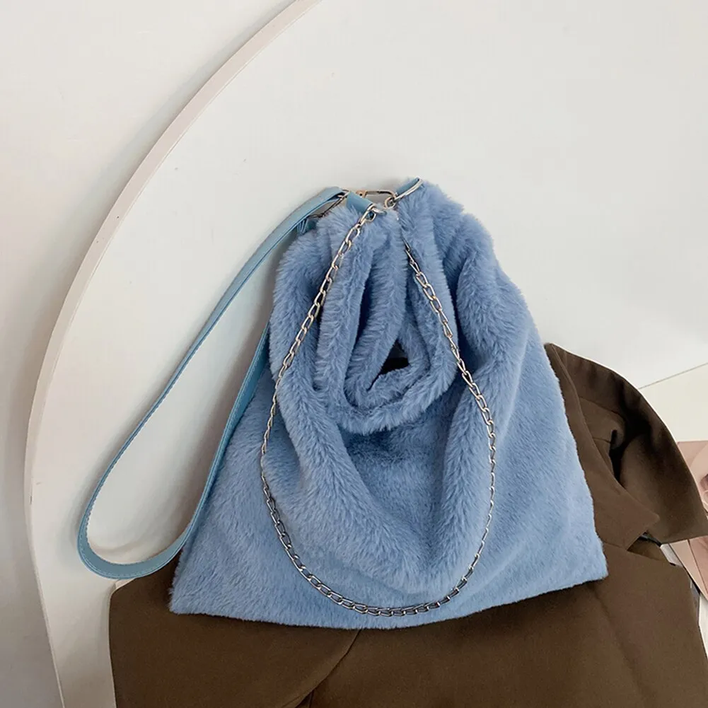 Back to College Fashion Women Solid Color Shoulder Bag 2021 Winter Soft Plush Bucket Bag Faux Fur Shopping Bag Large Capacity Fluffy Chain Bags