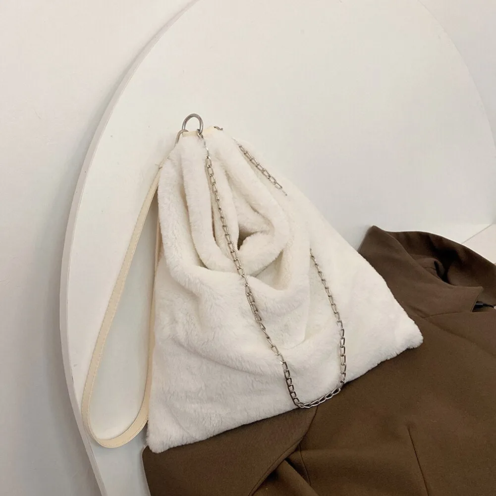 Back to College Fashion Women Solid Color Shoulder Bag 2021 Winter Soft Plush Bucket Bag Faux Fur Shopping Bag Large Capacity Fluffy Chain Bags