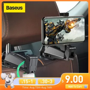 Baseus 2 in1 Car Headrest Hook with Phone Holder Back Seat Hook for Bag Handbag Fastener Backseat Organizer Multifunction Clip