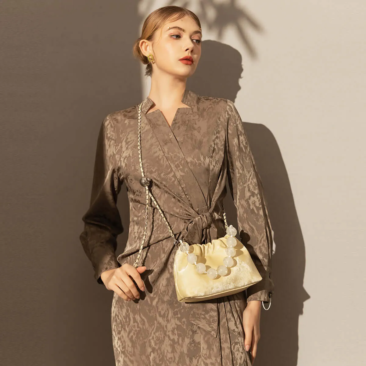 Beaded Top Handle Ruched Bucket Bag