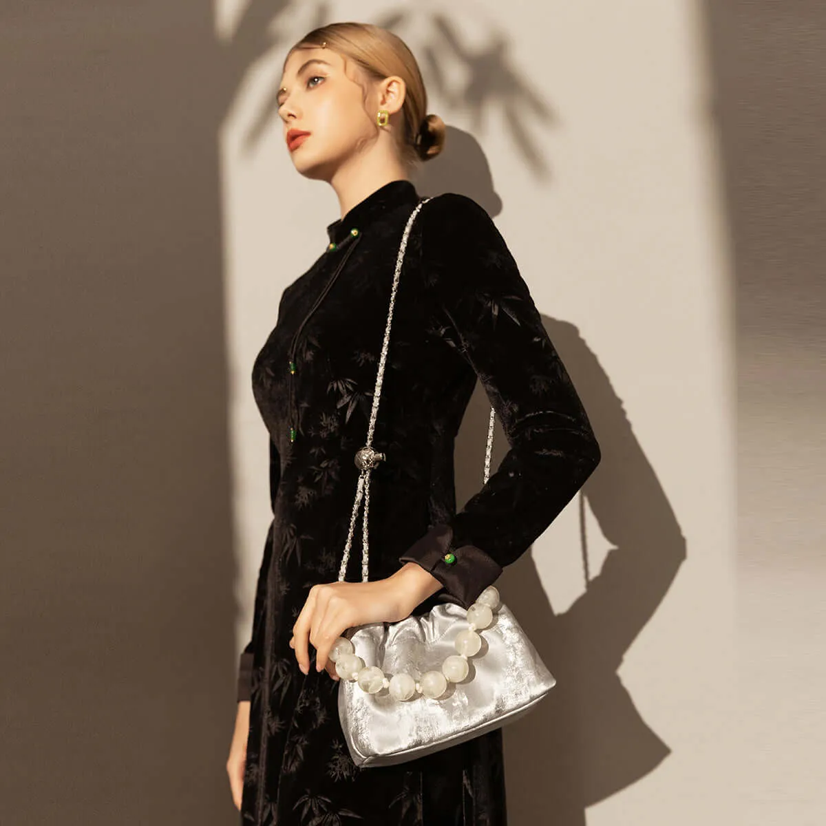 Beaded Top Handle Ruched Bucket Bag