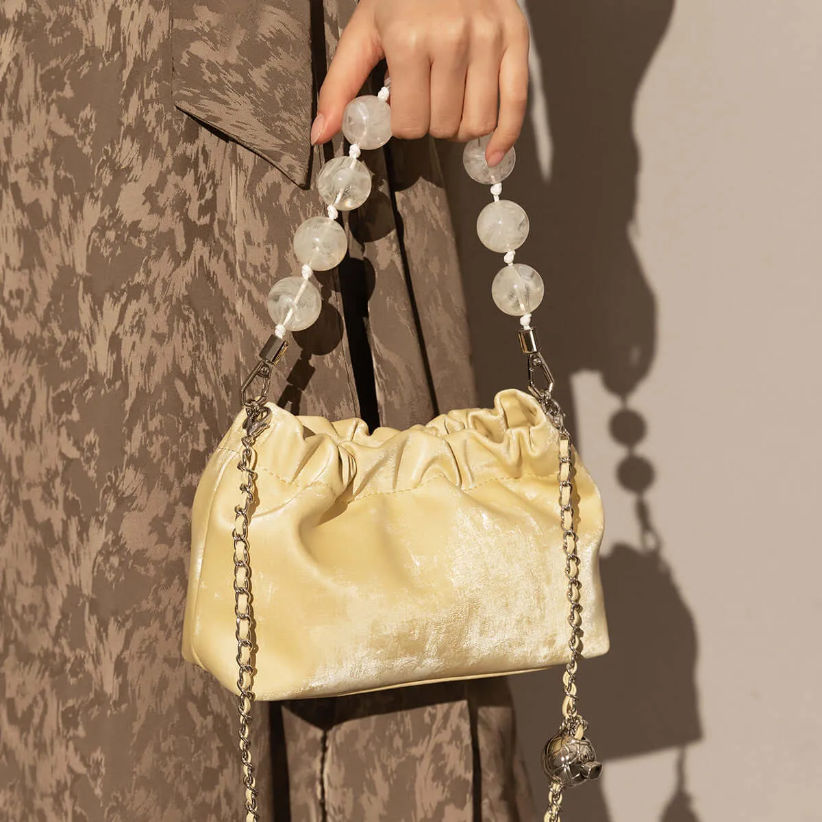 Beaded Top Handle Ruched Bucket Bag