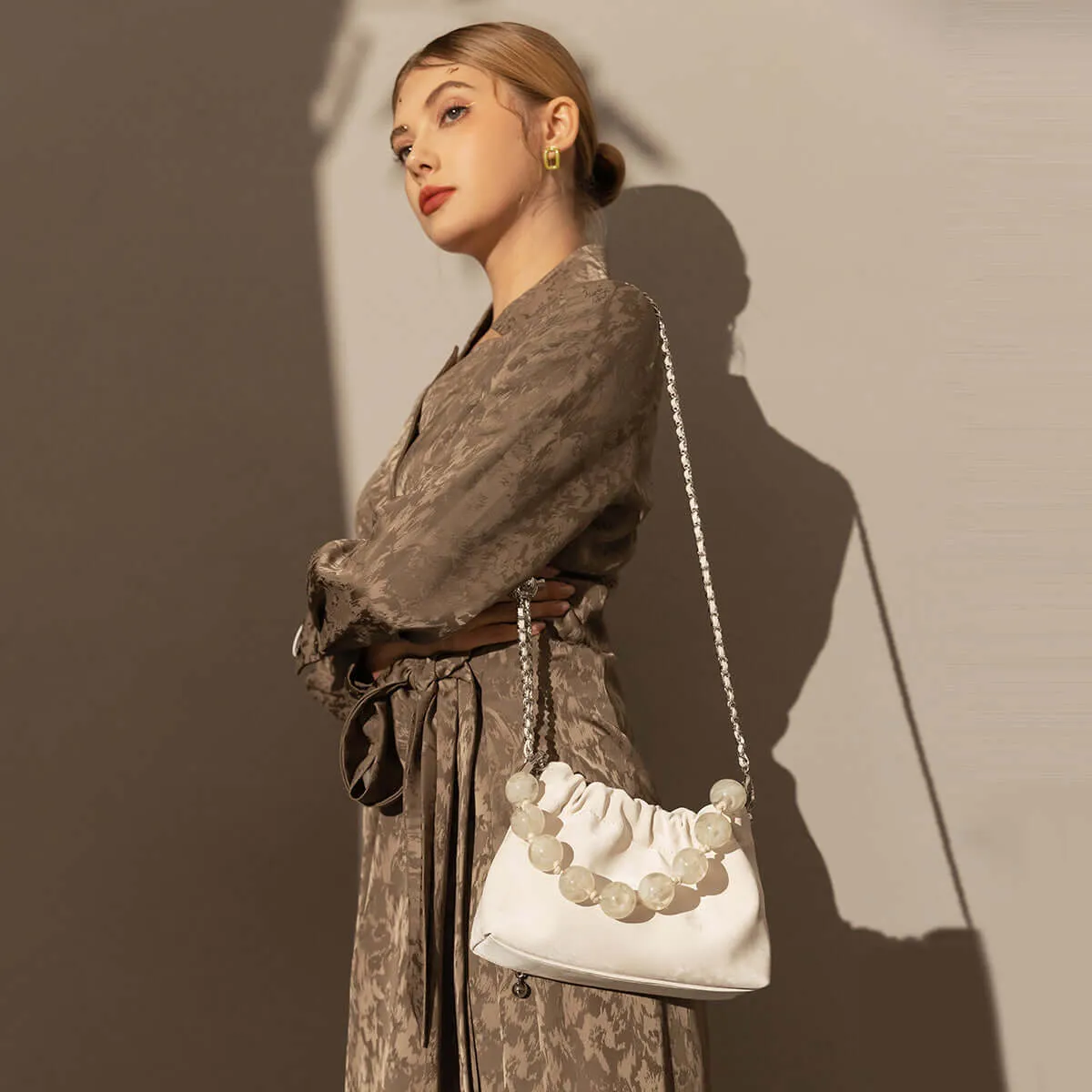 Beaded Top Handle Ruched Bucket Bag