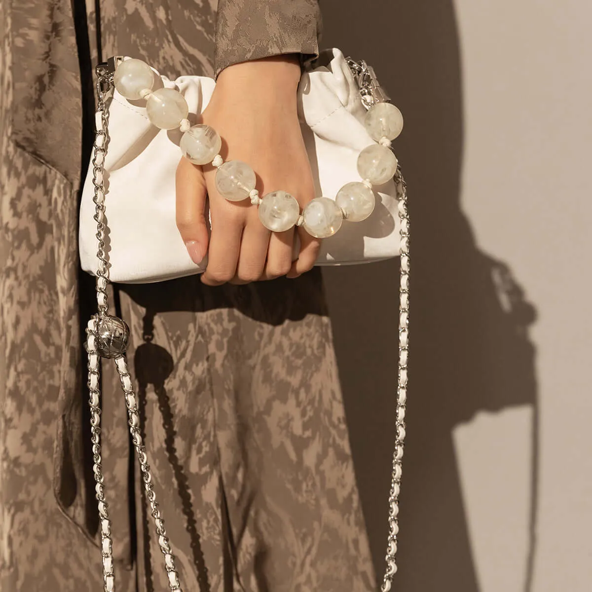 Beaded Top Handle Ruched Bucket Bag