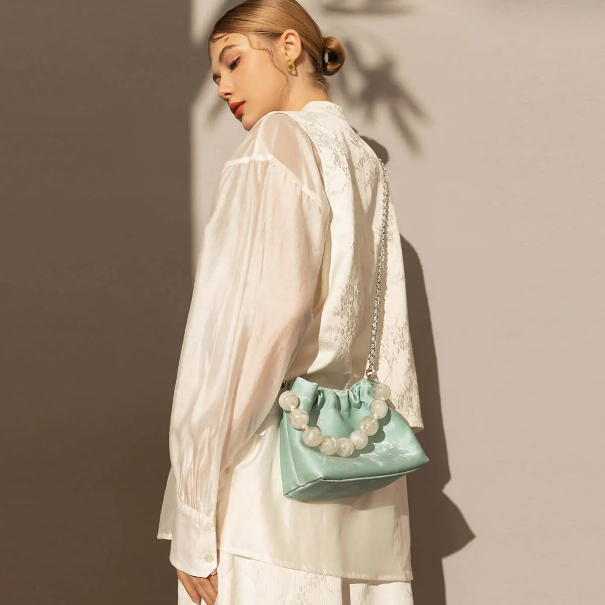 Beaded Top Handle Ruched Bucket Bag