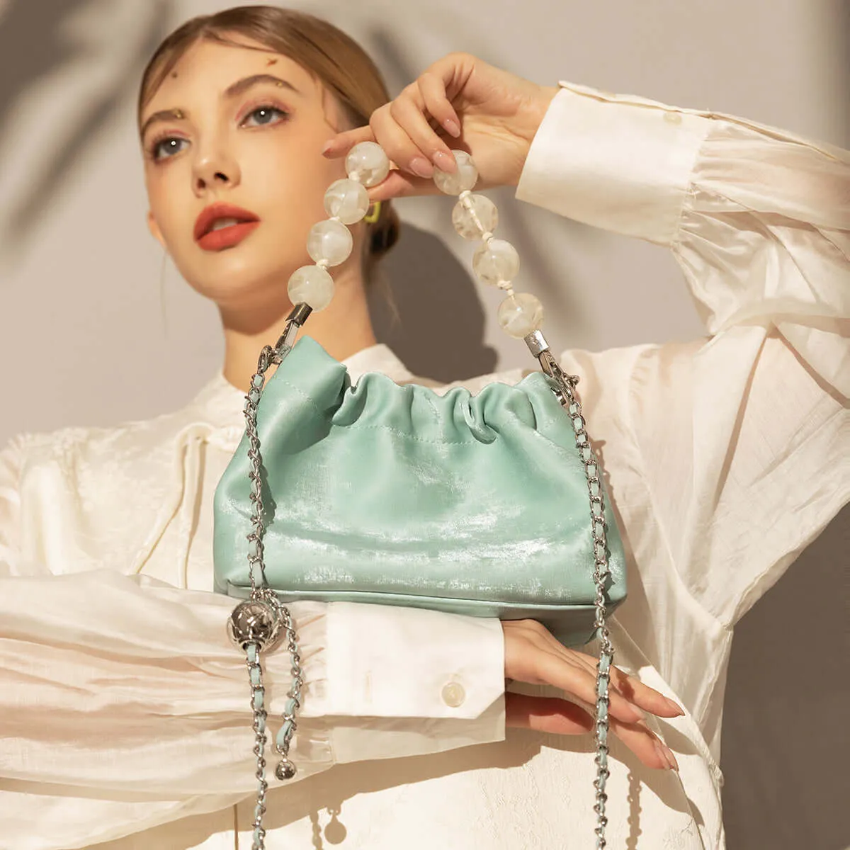Beaded Top Handle Ruched Bucket Bag