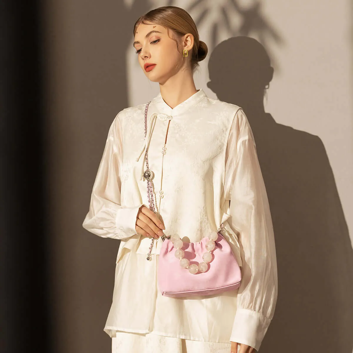 Beaded Top Handle Ruched Bucket Bag