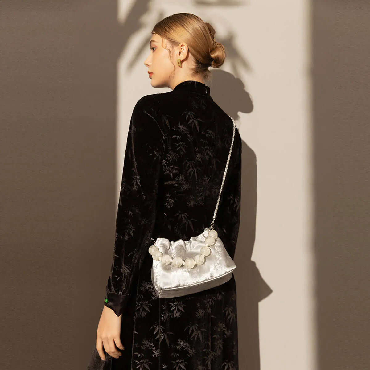 Beaded Top Handle Ruched Bucket Bag