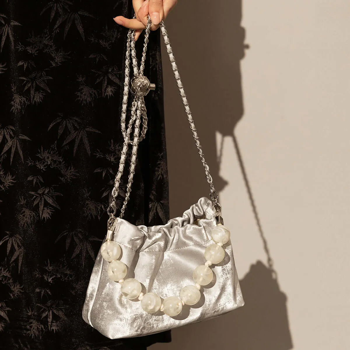 Beaded Top Handle Ruched Bucket Bag