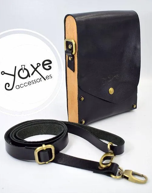 Black belt bag from leather and wood