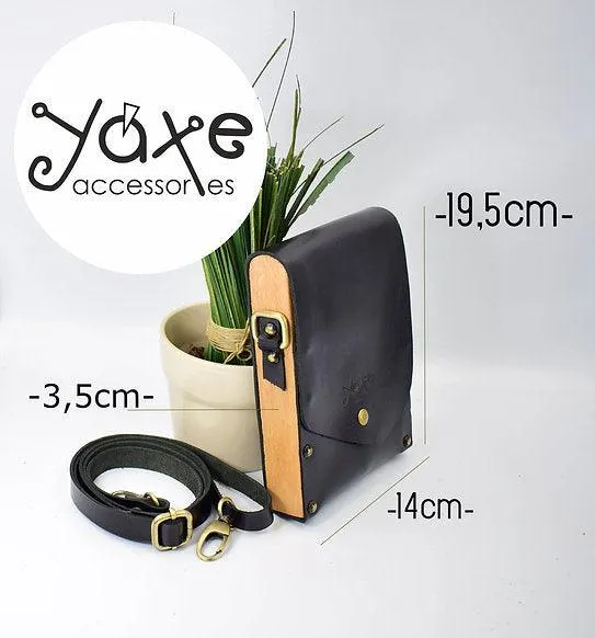 Black belt bag from leather and wood