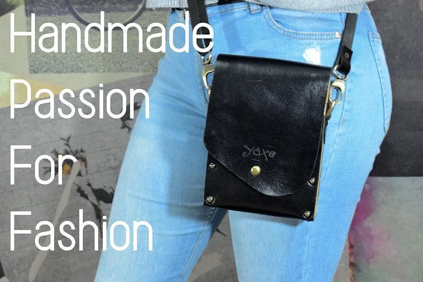 Black belt bag from leather and wood