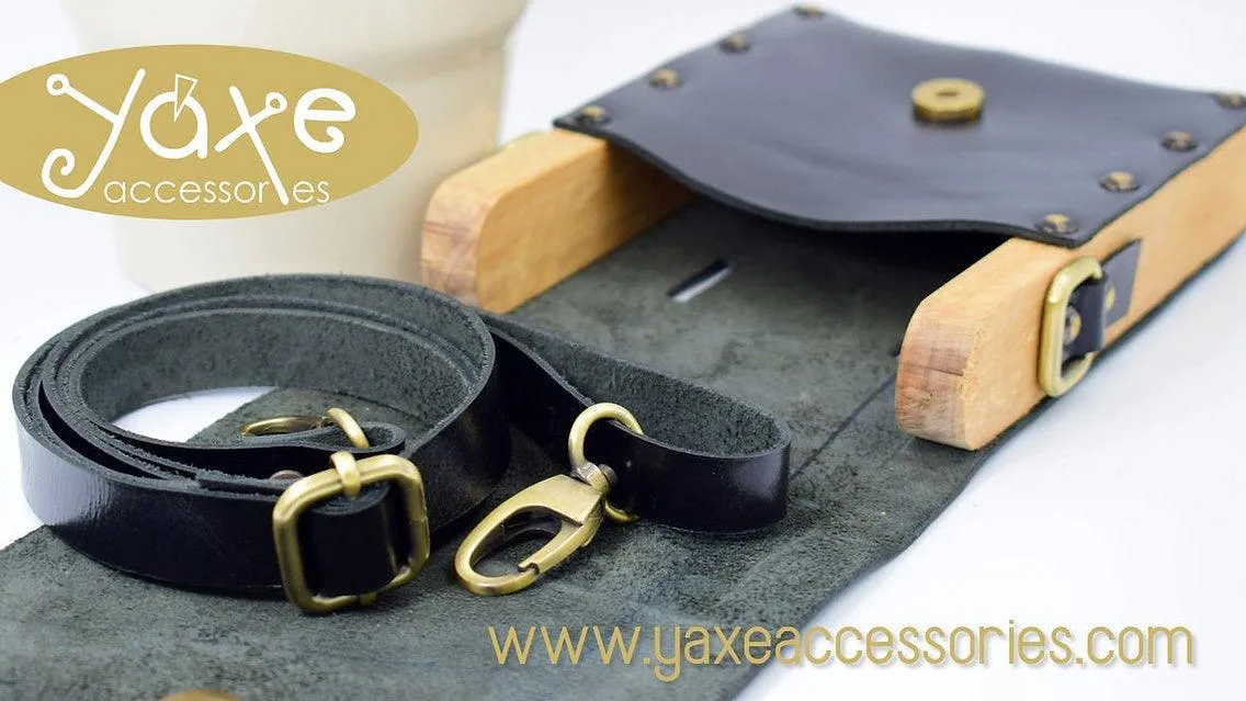 Black belt bag from leather and wood