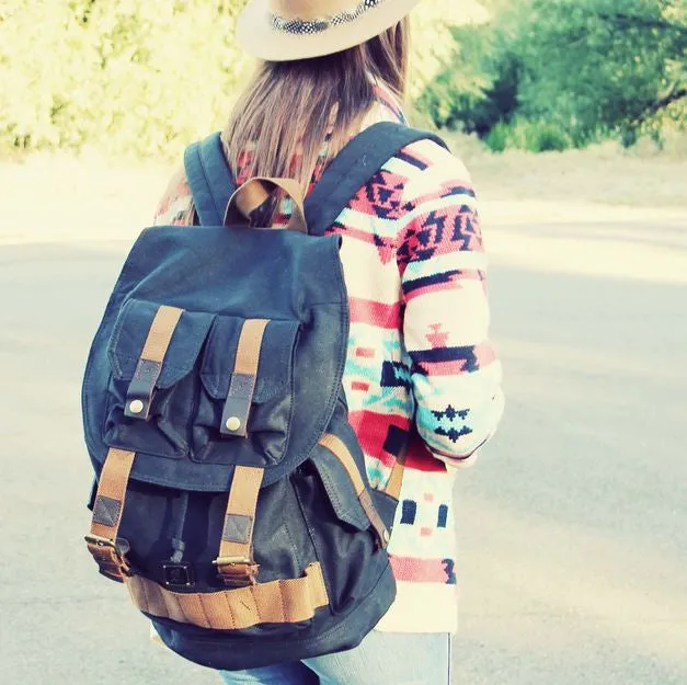 Black Canvas Heavy Duty Rucksack Backpack with Many Pockets