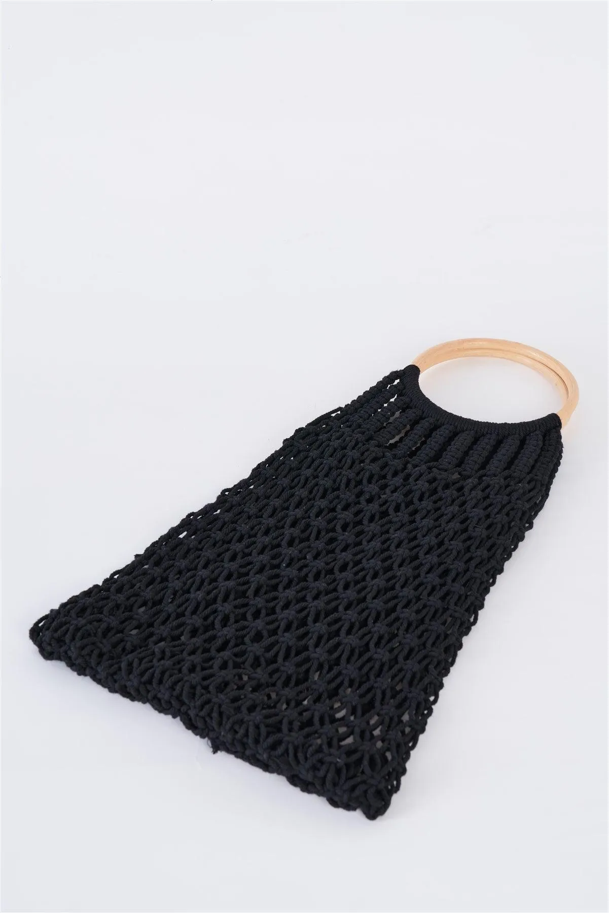 Black Net Front Cable Fringe Wooden Handle Bag /1 Bag