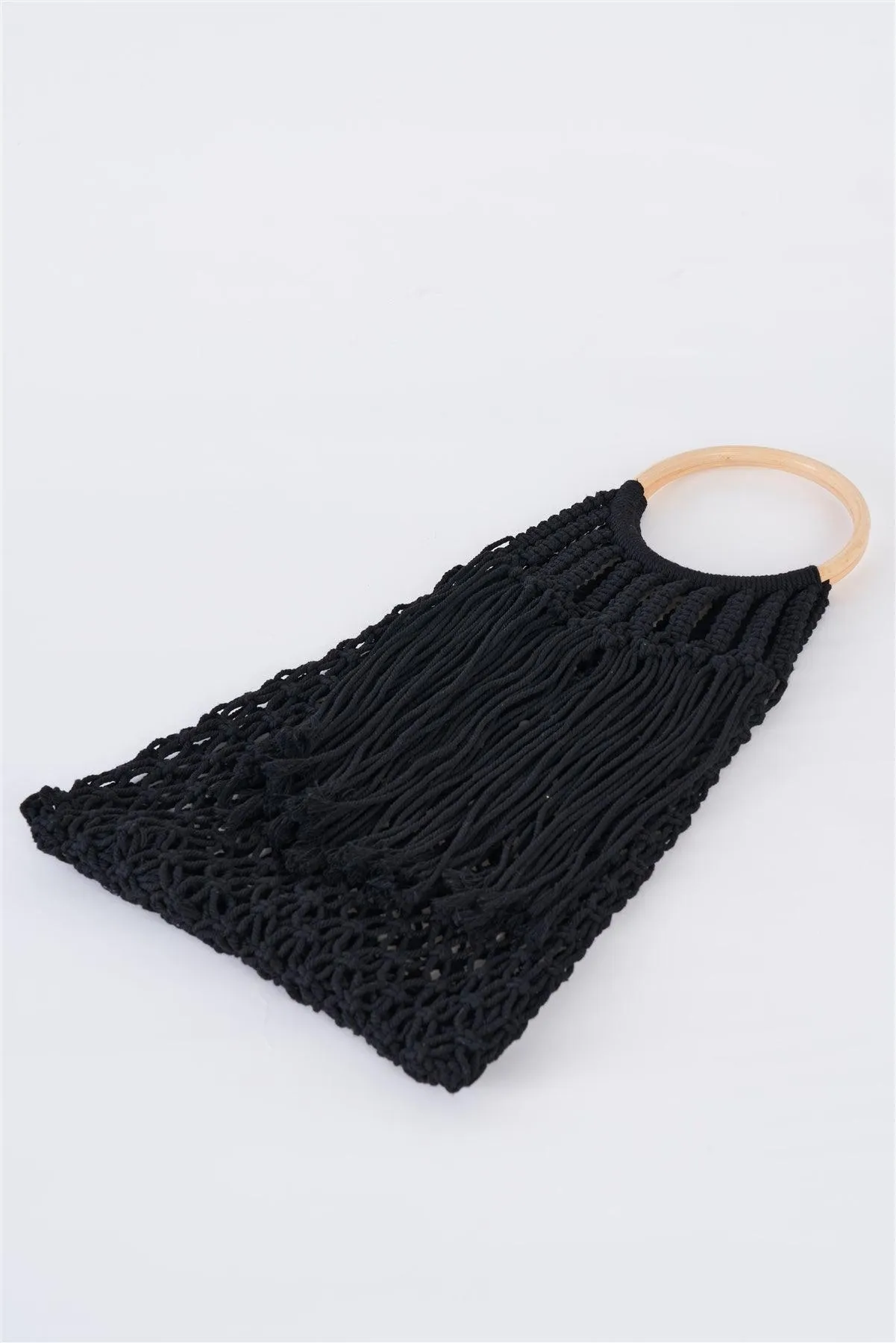 Black Net Front Cable Fringe Wooden Handle Bag /1 Bag