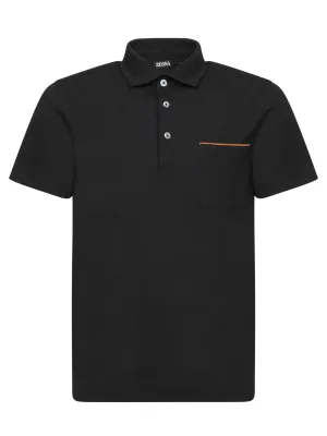 Black Piquet Polo with Leather Details